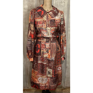Vintage 60's Groovy Graphic Brown Gold Print MIDI Light weight Dress S